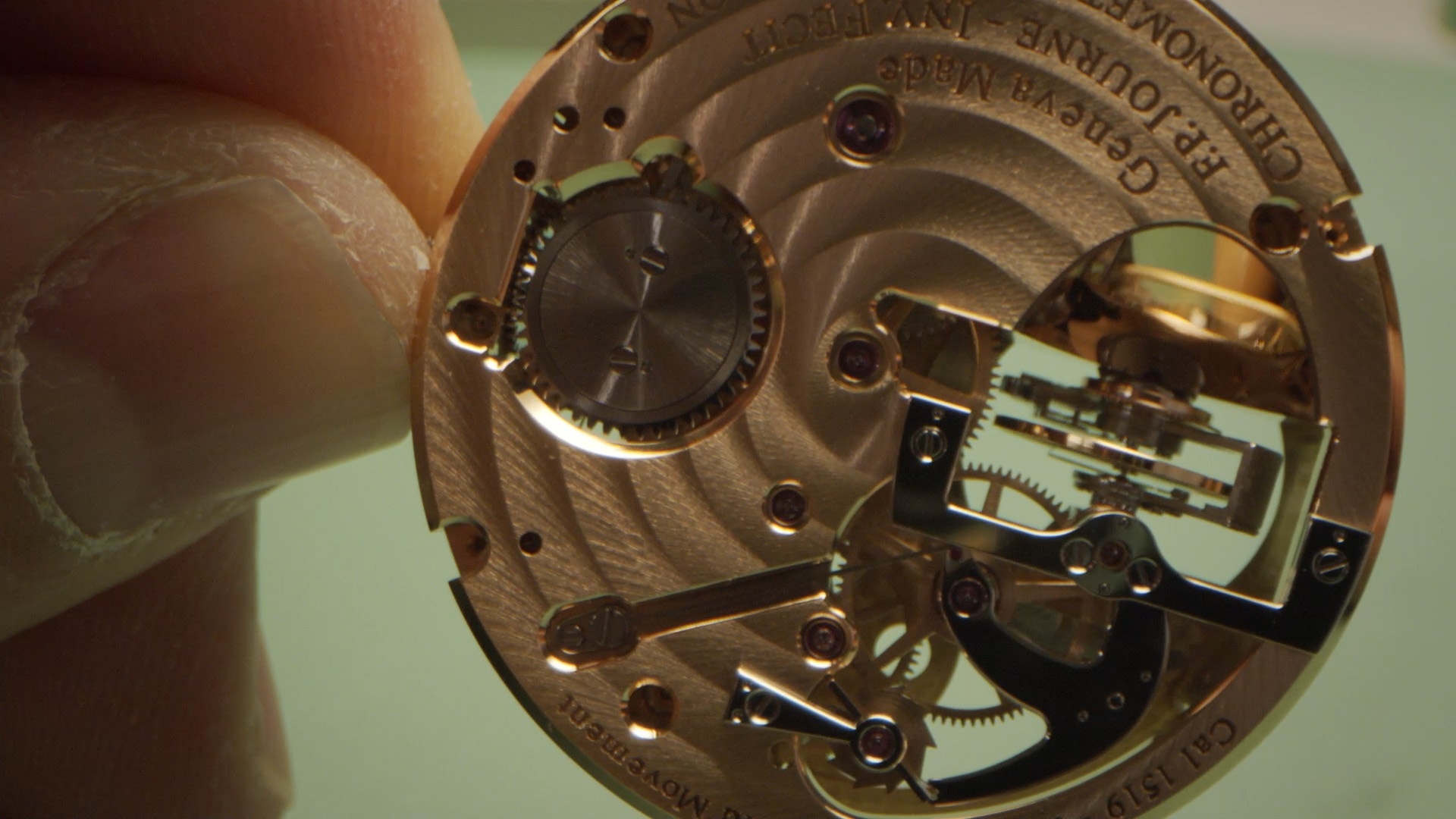 The exquisite 18k gold movement of F.P. Journe’s Tourbillon Souverain wristwatch.