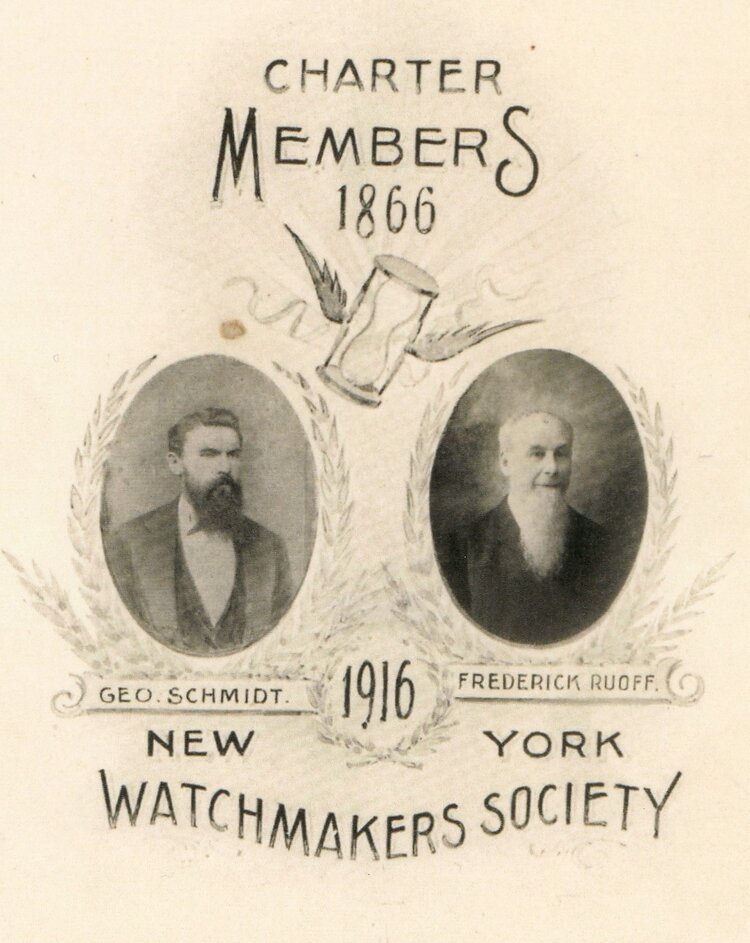 George Schmidt (left), first President of the Horological Society of New York, and Frederick Ruoff, Honorary Trustee. Photo credit: HSNY