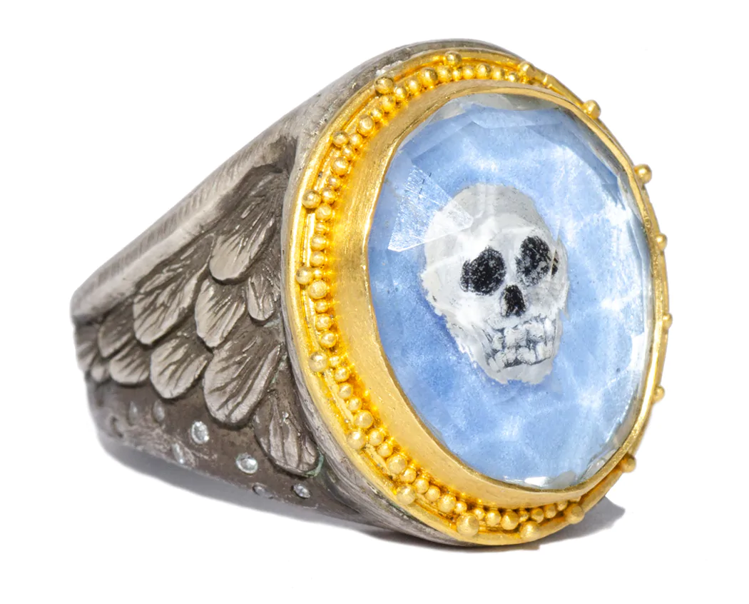 Melinda Risk 22KYG Rock Crystal Winged Skull Ring