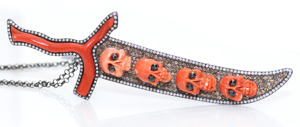 Mrs. T Hand Carved Coral Skulls & Diamond Dagger Pendant Brooch