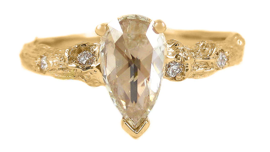 K. Brunini Sage 18KRG Rose Cut Pear Brown Diamond Twig Ring