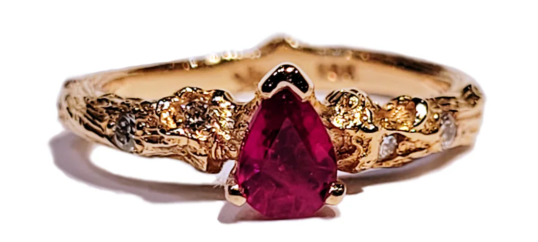 K. Brunini 18K Rose Gold Diamond & .46ctw Pear Ruby Twig Ring