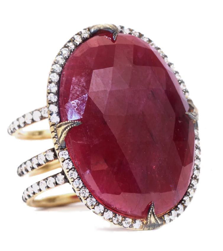 Sylva & Cie 18KYG Diamond & Large Oval Faceted Ruby Ring