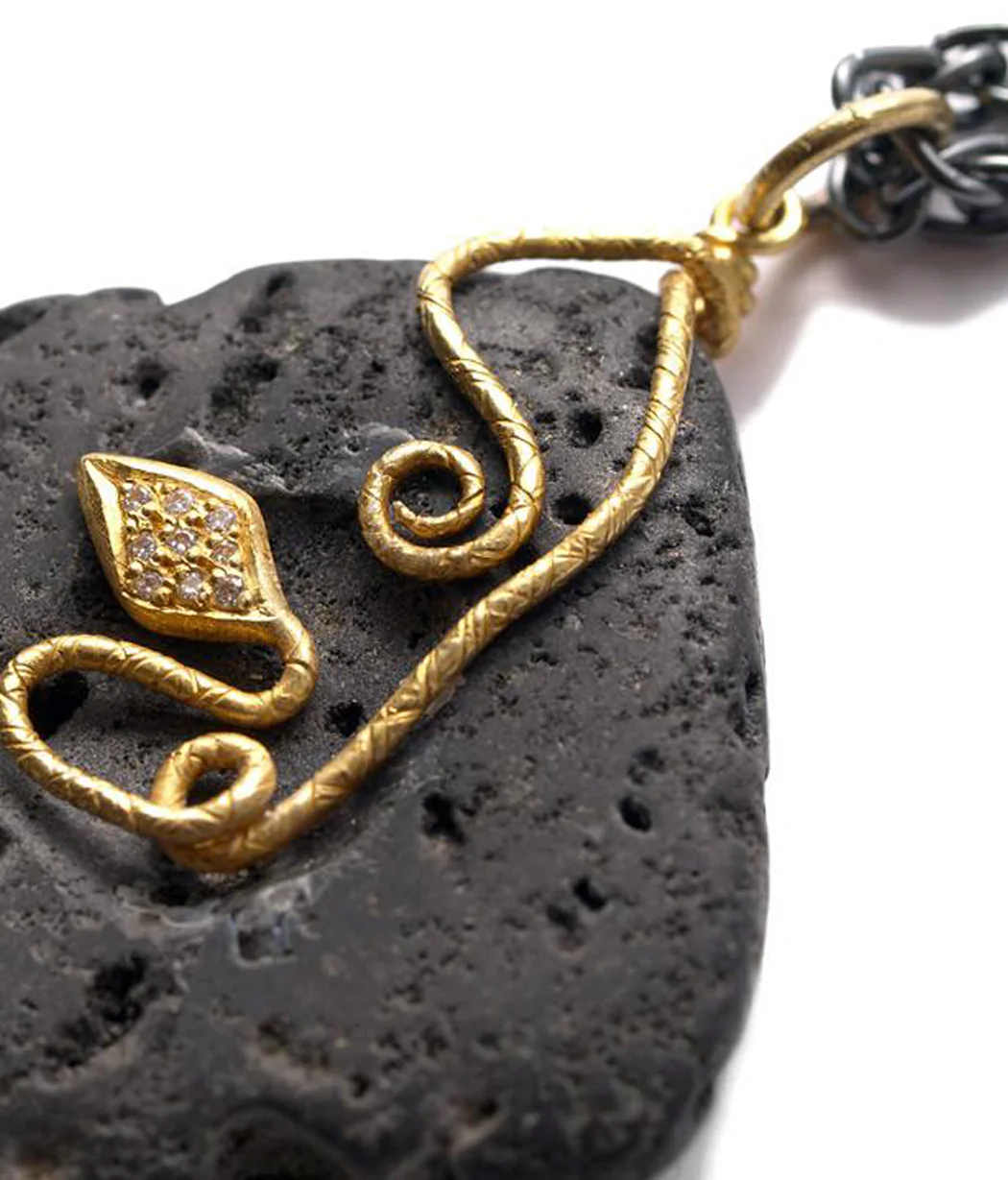 Lika Behar 24K Yellow Gold Lava Stone Diamond Snake Pendant Necklace - Closeup