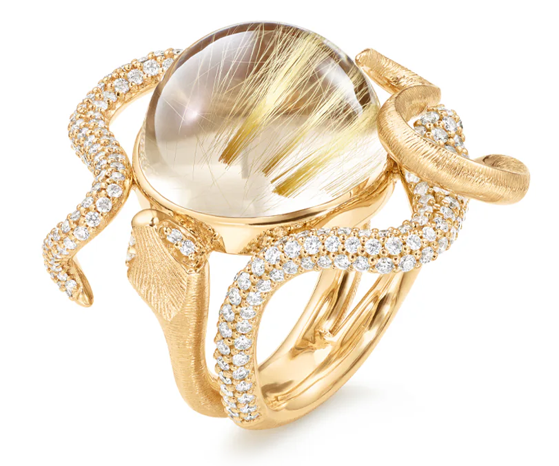Ole Lynggaard Snakes 18KYG Pavé Diamond & Rutile Quartz Snake Ring