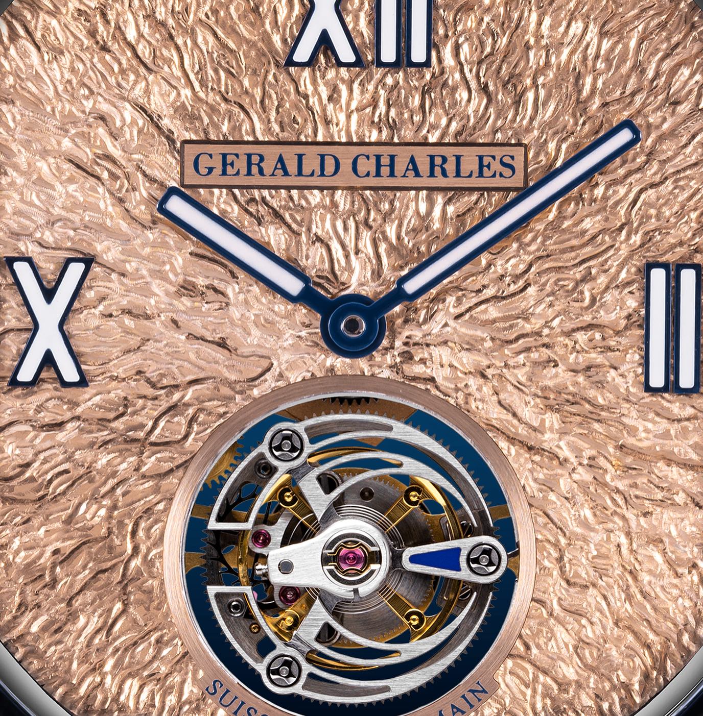 Closeup of the Gerald Charles Maestro GC 9.0 Roman Tourbillon Hammered Gold