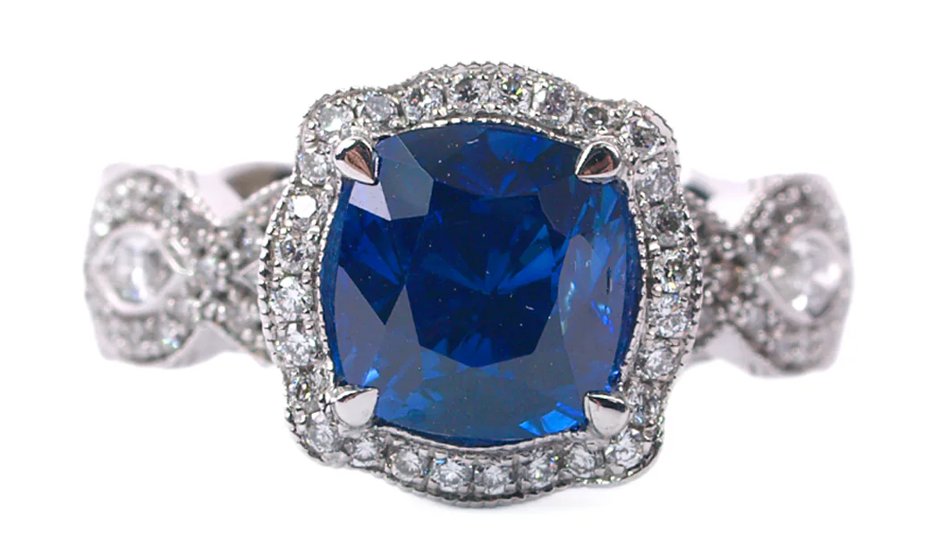 Katharine James Bellas Love Platinum Cushion Sapphire Ring