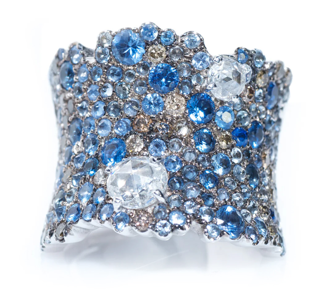 Stefan Hafner Lunar 18KWG Wide Diamond Sapphire Ring