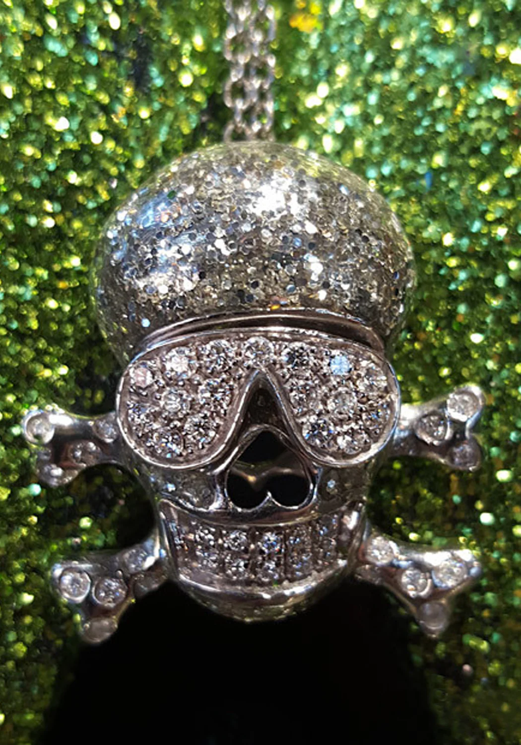 Adolfo Courrier 18KWG Diamond Skull Crossbones Necklace