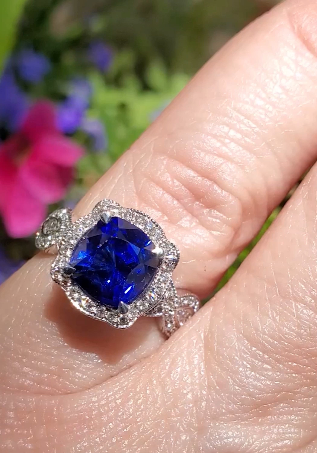 Katharine James Bella's Love Platinum Cushion Sapphire Ring