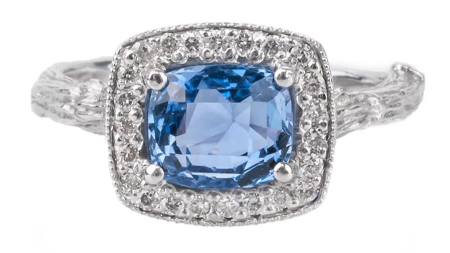 K. Brunini 18KWG Diamond Halo Sapphire Twig Ring