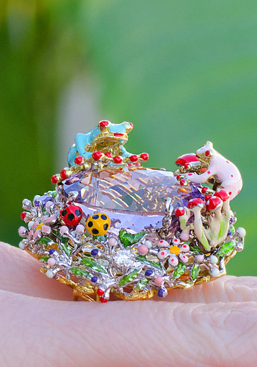 Santagostino Enamel Lady Bug & Frog Amethyst Ring