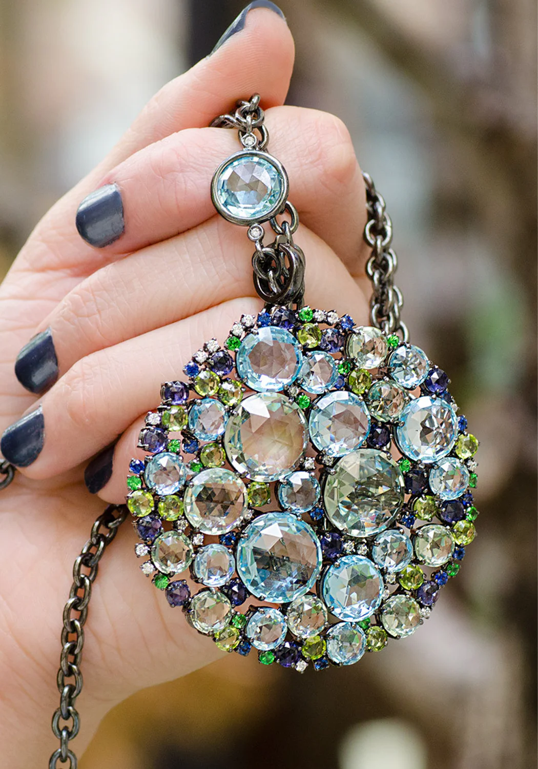 A Furst Bouquet 18KBG Sapphire Blue Topaz Peridot Necklace