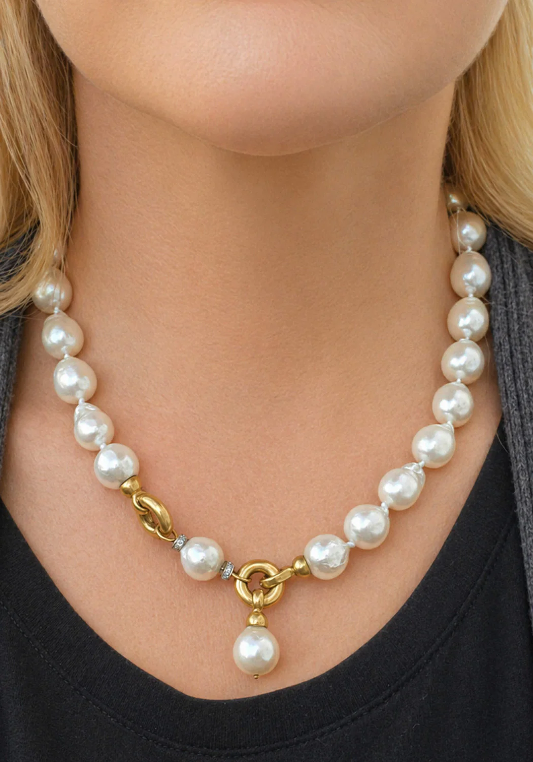 Oster Collection 18K Yellow Gold Diamond Baroque Pearl Necklace