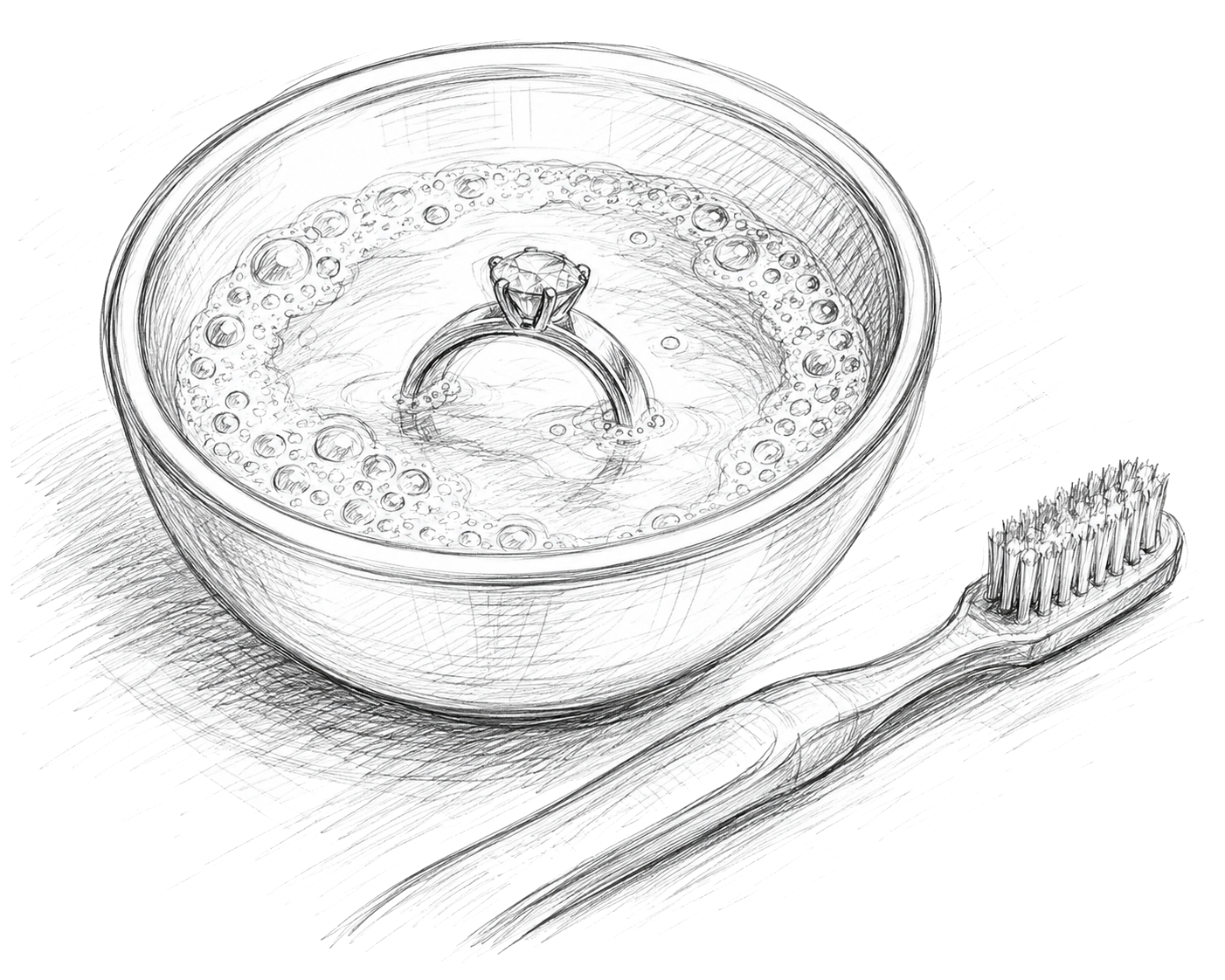 How to clean Ole Lynggaard Jewelry Sketch of a diamond ring in a sudsy bowl of water with a toothbrush next to the bowl