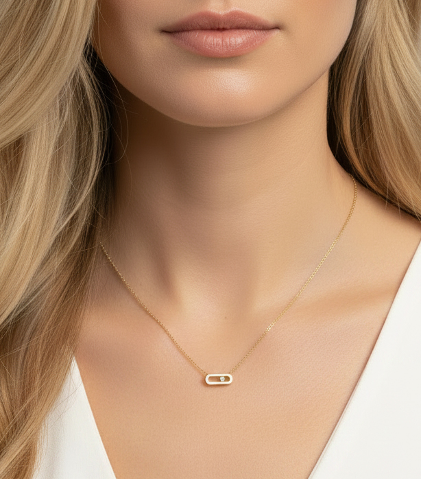 Messika Move Uno 18KYG Solitaire Diamond Necklace on blonde model -