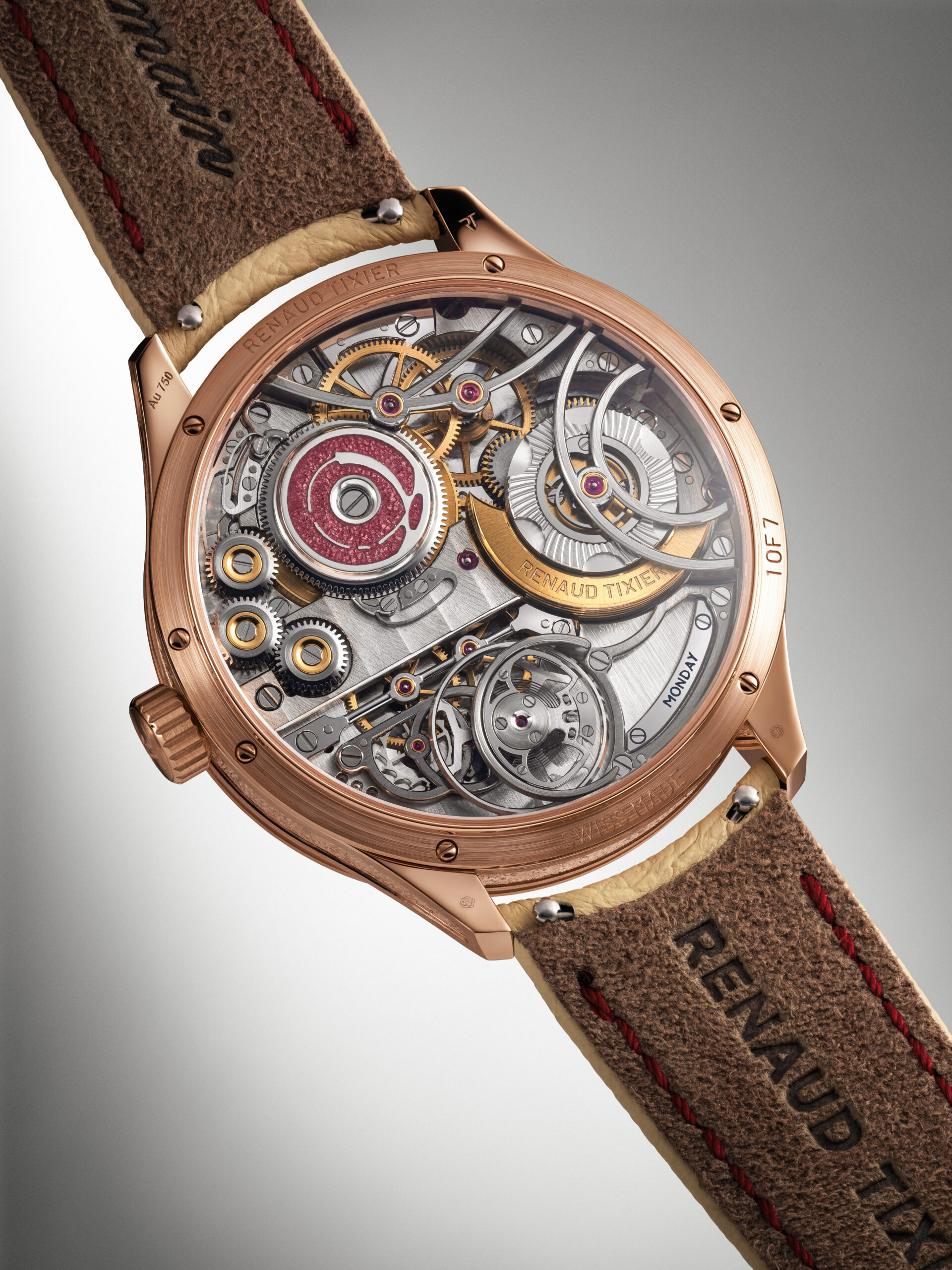 Sapphire glass caseback of the Renaud Tixier Monday Organica Bordeaux
