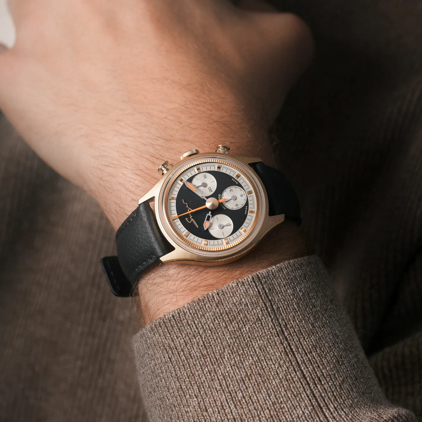 Singer Reimagined Heritage V72 Gold on a man's wrist
