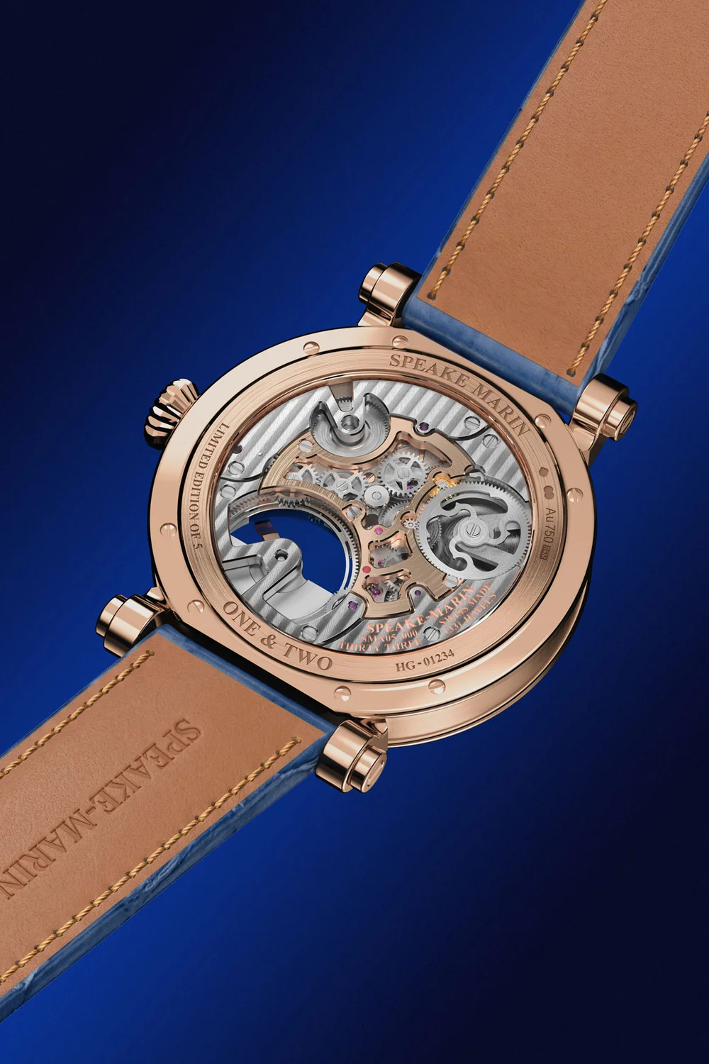 Sapphire glass caseback of the Speake-Marin One & Two Openworked Tourbillon Royal Blue RG
