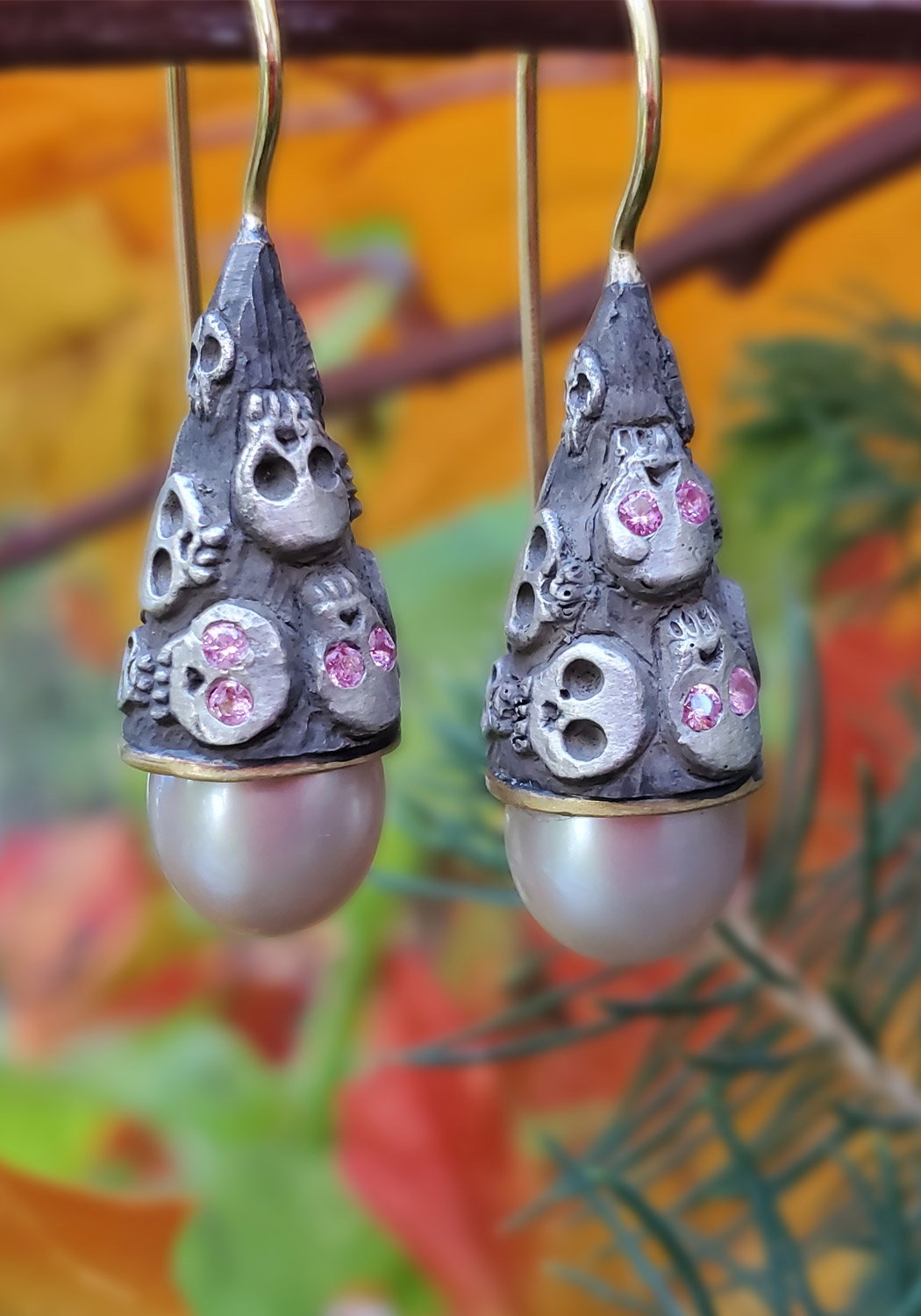 Melinda Risk Skull Cone Pink Pearl Dangle Earrings