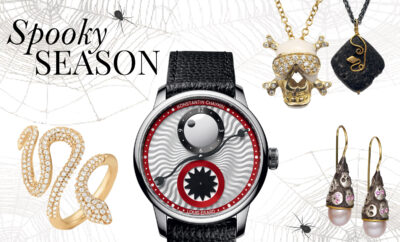 Halloween Jewelry Banner featuring Ole Lynggaard Snake ring, Louis Erard Time-Eater III Red watch, Adolfo Courrier Skull pendant, Lika Behar lava stone snake pendant, and Melinda Risk pearl skull drop earrings with pink sapphires. The text reads "Spooky Season"